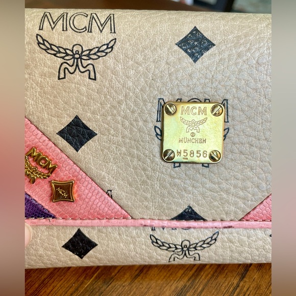 MCM Visetos Studded Trifold Wallet Paste Pink Purple - Picture 13 of 14